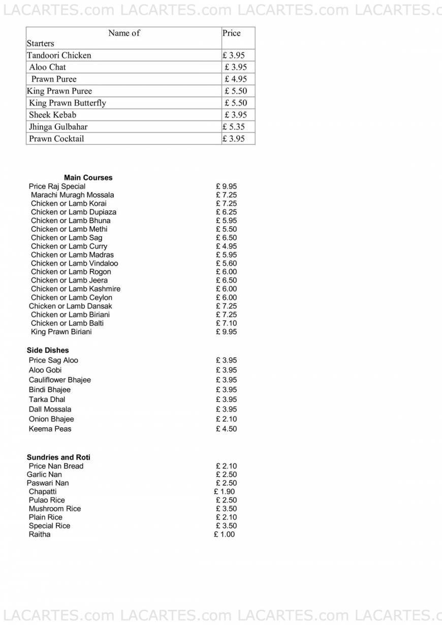  Pricelists of Raj Palace Indian Restaurant 28 North Station Road - Photo 1 of 1