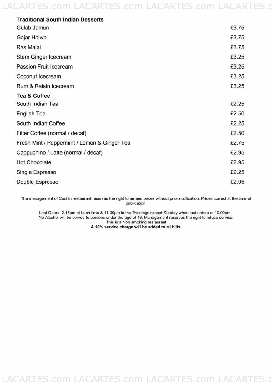  Pricelists of Cochin Indian Restaurant East Finchley 111 High Road - Photo 5 of 5