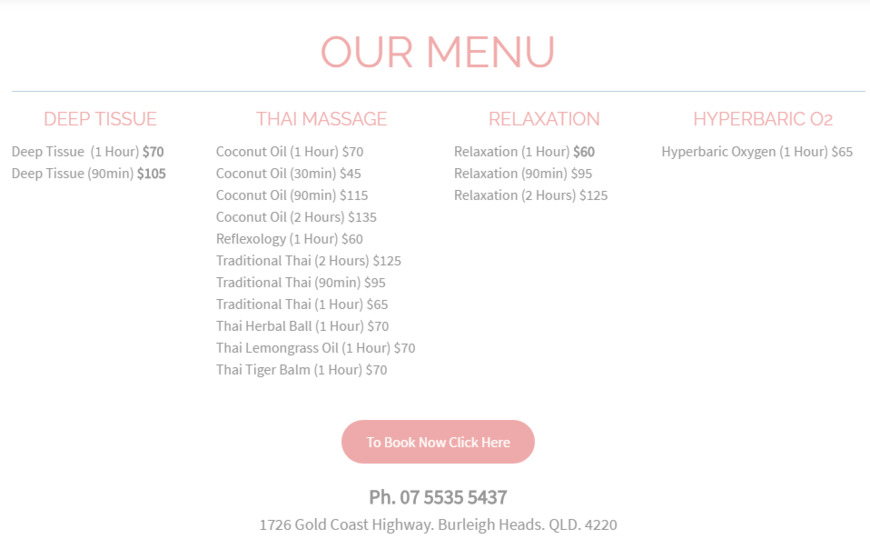 Pricelists of Burleigh Heads Massage Pty. Ltd. 1726 Gold Coast Highway. Burleigh Heads. QLD. 4220 - Photo 1 of 1
