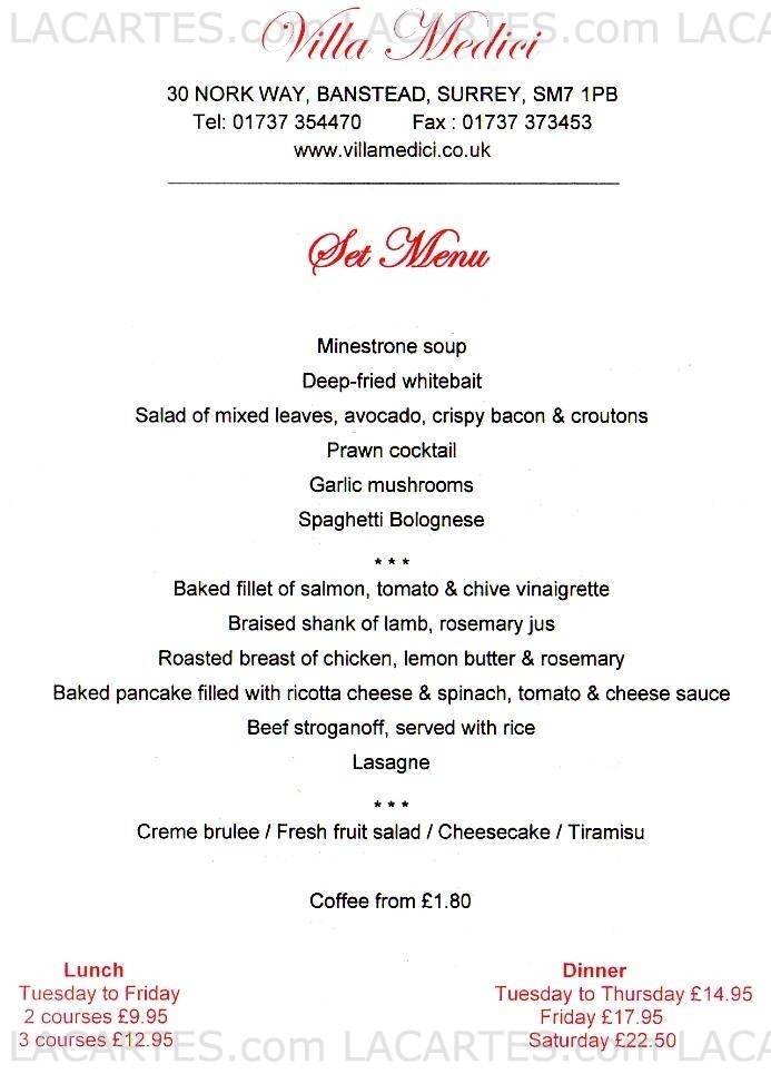 Pricelists of Villa Medici Italian Restaurant 30 Nork Way - Photo 2 of 2