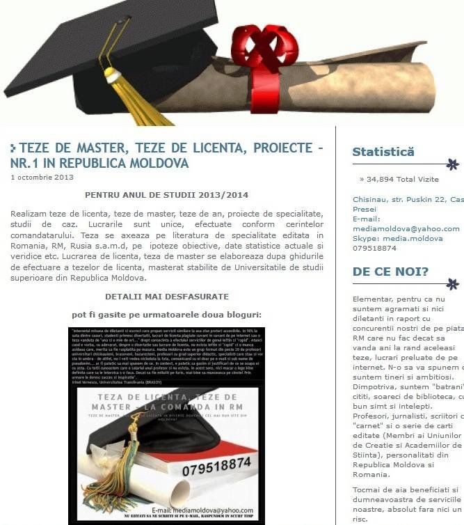  Pricelists of LUCRARI DE LICENTA, TEZE DE MASTER - LA COMANDA IN MOLDOVA Puskin 22, Casa Presei - Photo 1 of 1