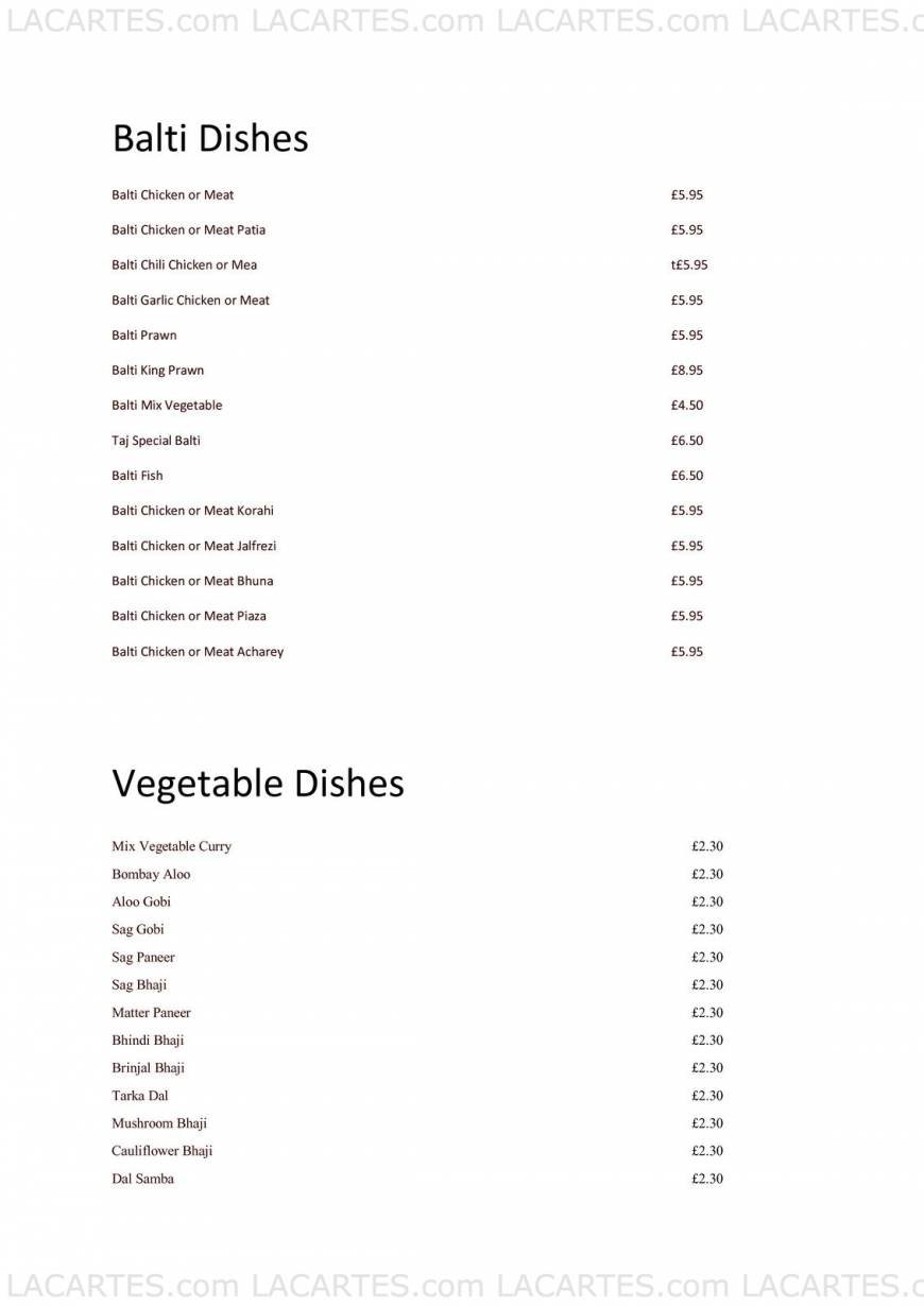  Pricelists of The Taj Indian Restaurant 10 Carlton Parade, Off Cray Avenue - Photo 3 of 6