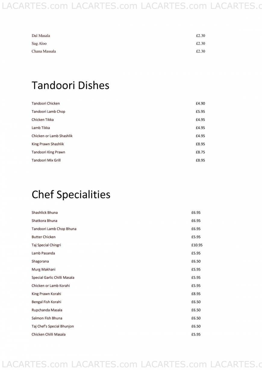  Pricelists of The Taj Indian Restaurant 10 Carlton Parade, Off Cray Avenue - Photo 4 of 6