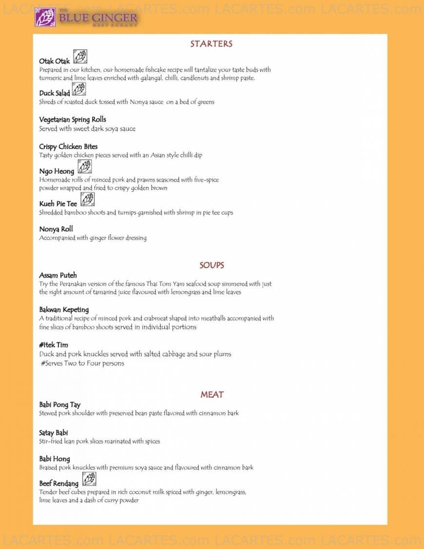  Pricelists of The Blue Ginger Restaurant 97 Tanjong Pagar Road - Photo 1 of 4