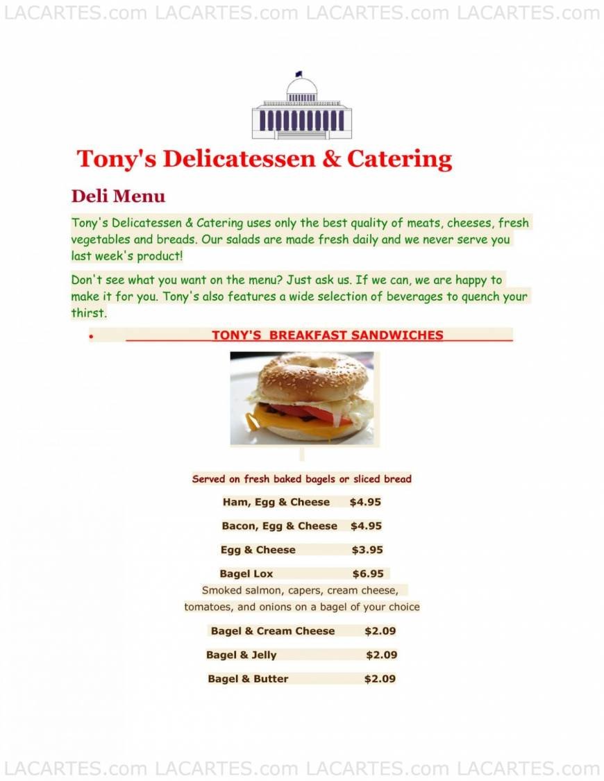  Pricelists of Tony's Delicatessen & Catering 1131 J Street - Photo 1 of 8