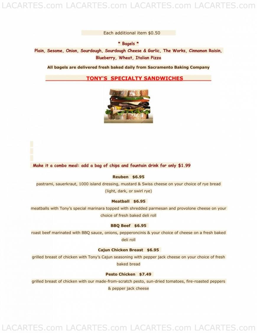  Pricelists of Tony's Delicatessen & Catering 1131 J Street - Photo 2 of 8