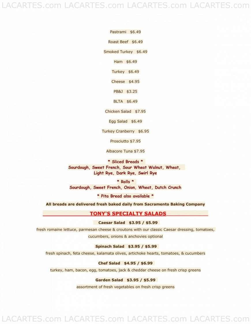  Pricelists of Tony's Delicatessen & Catering 1131 J Street - Photo 5 of 8