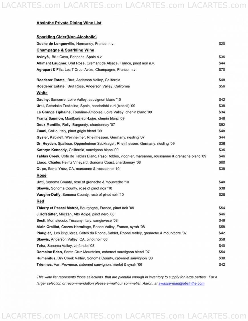  Pricelists of Absinthe Private Dining 388 Hayes Street (at Gough Street) - Photo 6 of 6