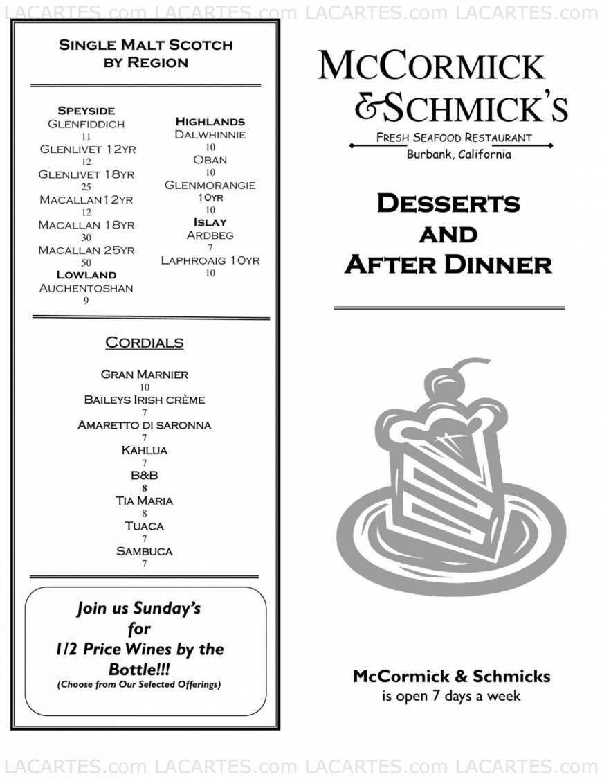  Pricelists of McCormick & Schmick's Seafood Restaurant Burbank 3500 W. Olive Ave. (Olive Ave. and Riverside Dr.) - Photo 1 of 9