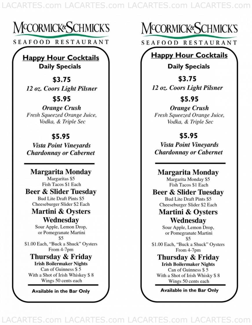  Pricelists of McCormick & Schmick's Seafood Restaurant Burbank 3500 W. Olive Ave. (Olive Ave. and Riverside Dr.) - Photo 7 of 9