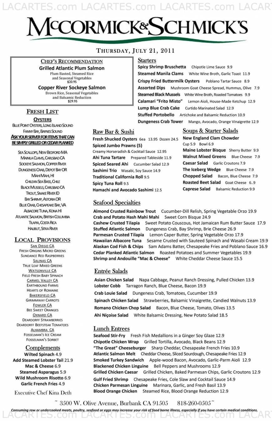  Pricelists of McCormick & Schmick's Seafood Restaurant Burbank 3500 W. Olive Ave. (Olive Ave. and Riverside Dr.) - Photo 8 of 9