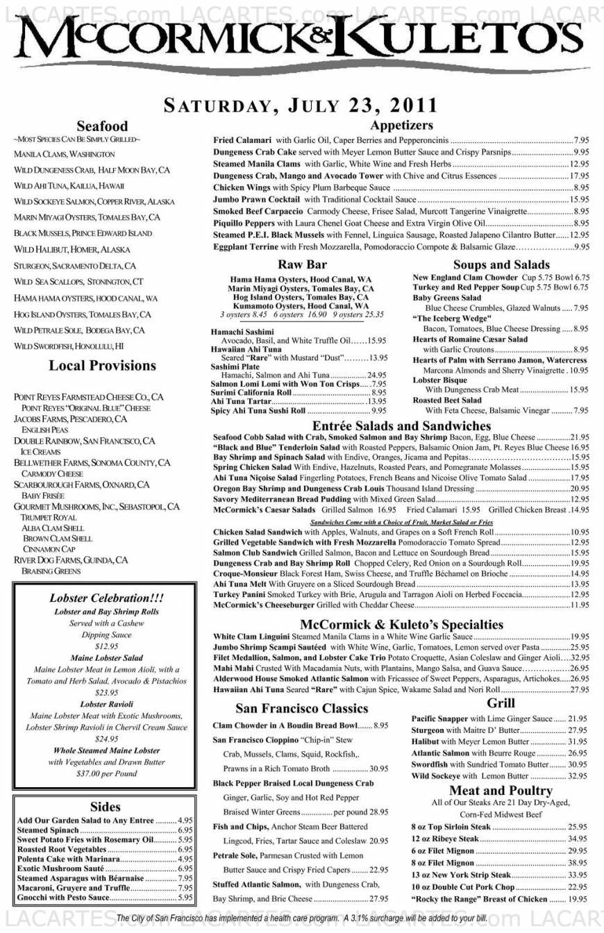  Pricelists of McCormick & Kuleto's Seafood Restaurant 900 North Point St. (Corner of Beach and Larkin) - Photo 1 of 22