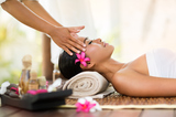 
young beautiful Indonesian woman getting recreation massage of head, DesiredFace- European Facial Workout, Westlake Village