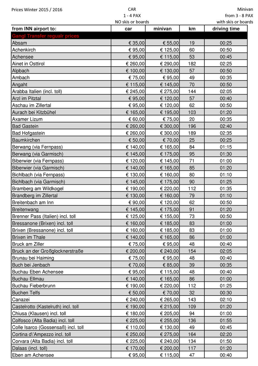  Pricelists of Airport Innsbruck Taxi Gangl Transfers Eigenhofen 34 - Photo 6 of 6