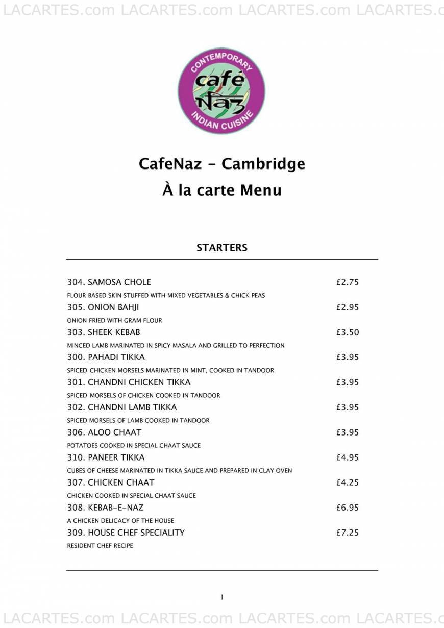  Pricelists of Cafe Naz Cambridge 45/ 47 Castle Street  - Photo 1 of 8