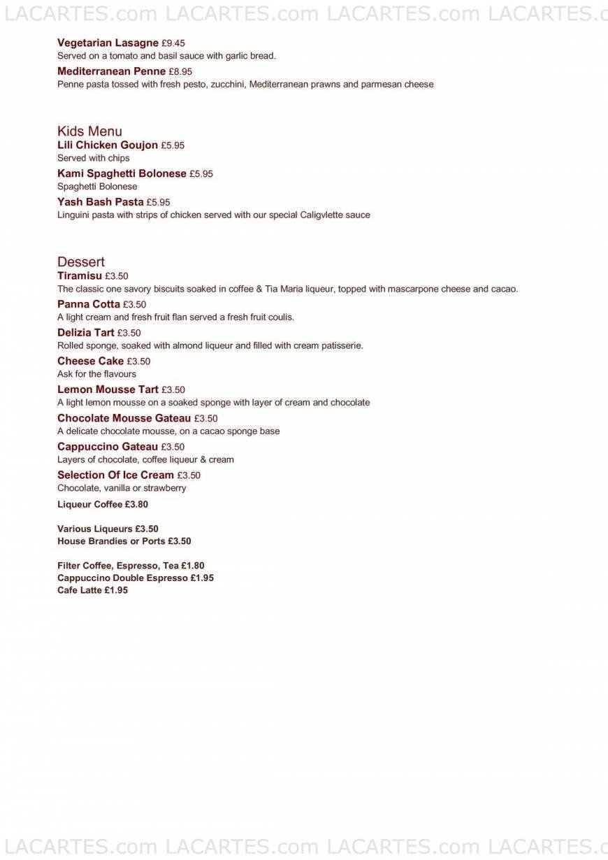  Pricelists of Caligvlette Mediterranean Restaurant 201 - 203 High Street - Photo 3 of 3