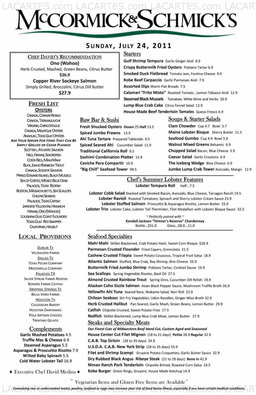  Pricelists of McCormick & Schmick's Seafood Restaurant - Houston, TX  (Uptown Park) 1151-01 Uptown Park Blvd Uptown Park Shopping Center - Photo 1 of 6