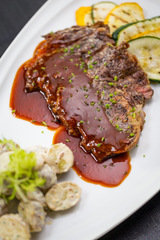 Signature Smoked Husk Char-Grilled Australian Rib Eye Steak with Bordelaise sauce., Cotton, Big Splash