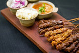 Satay Platter - marinated beef, mutton & chicken with Asian â€¨flavours, warm rice cake, cucumber & onion served with peanut sauce, Cotton, Big Splash
