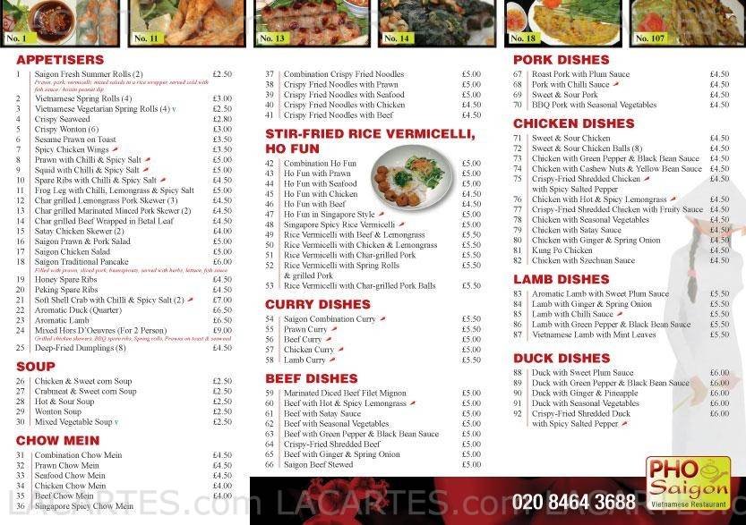  Pricelists of Pho Saigon Vietnamese Restaurant 226 High Street - Photo 2 of 2