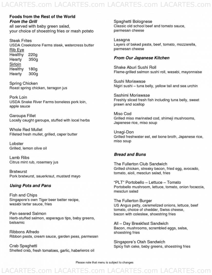  Pricelists of Town Restaurant @ Fullerton Hotel 1 Fullerton Square GF Fullerton Hotel - Photo 2 of 2