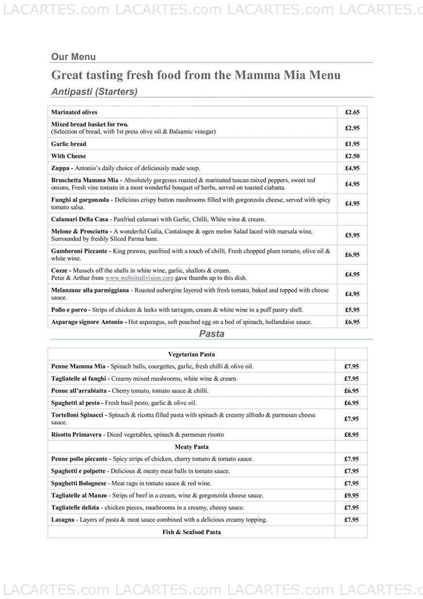  Pricelists of Mamma Mia Trattoria Italiana 948 Brighton Road - Photo 1 of 4