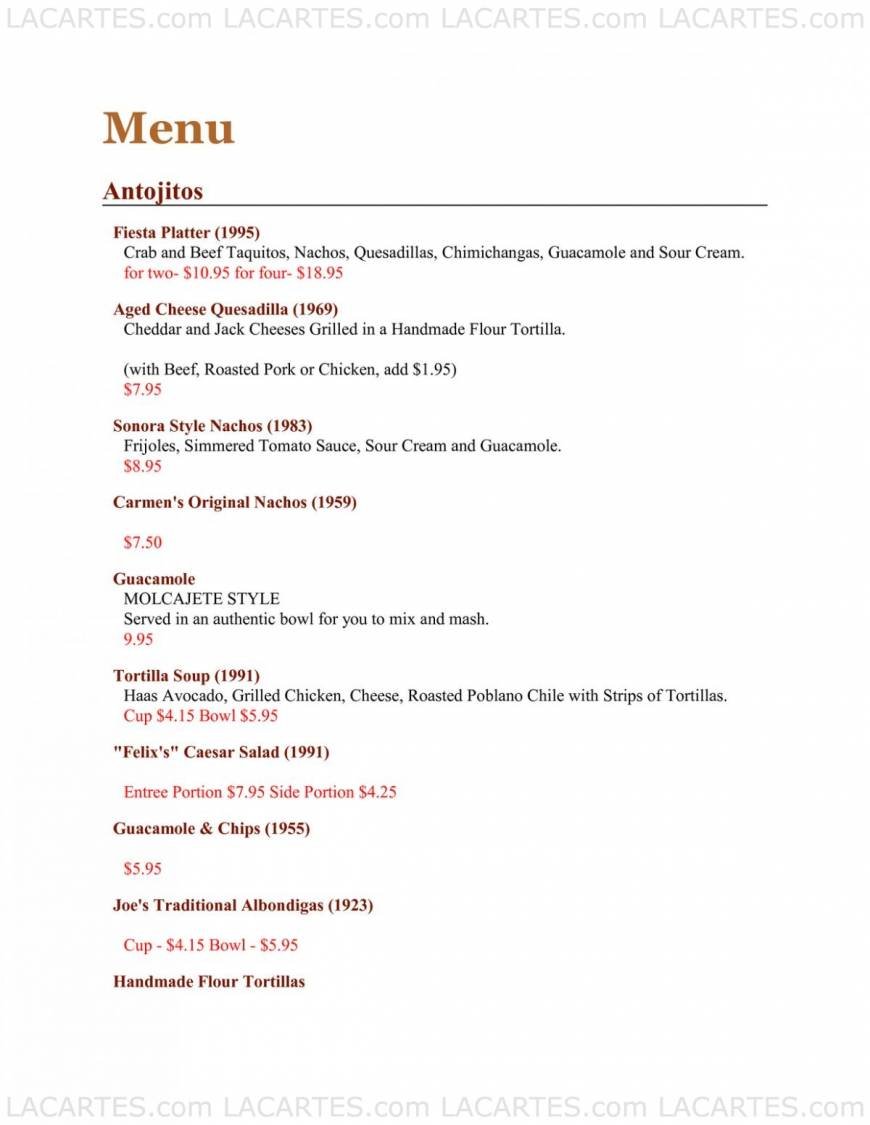  Pricelists of El Cholo Mexican Restaurant - Irvine 5465 Alton Pkwy - Photo 1 of 7