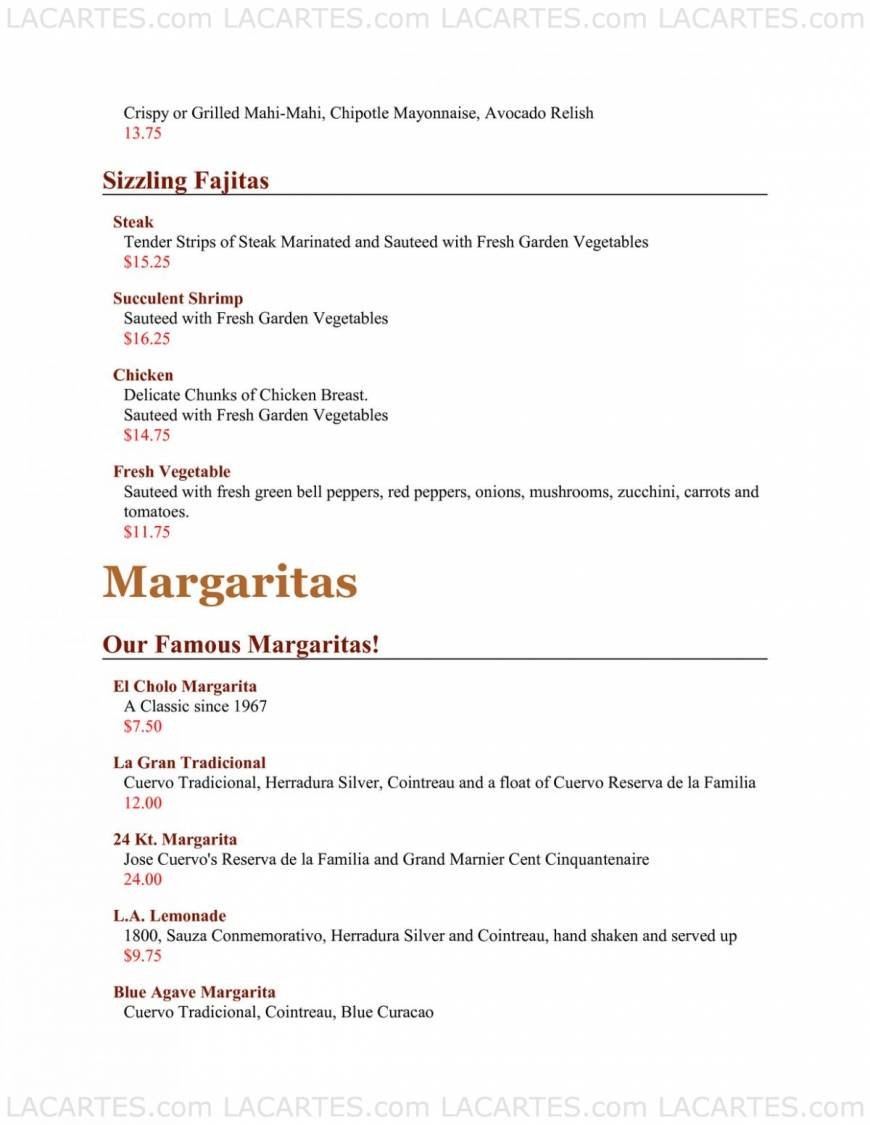  Pricelists of El Cholo Mexican Restaurant - Irvine 5465 Alton Pkwy - Photo 5 of 7
