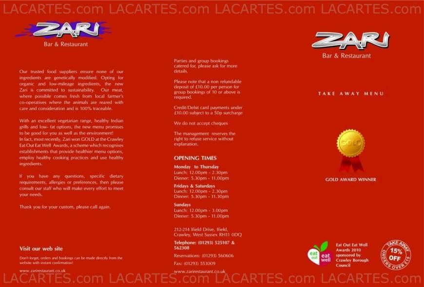  Pricelists of Zari  Bar & Restaurant 214 Ifield Drive, Ifield - Photo 3 of 10