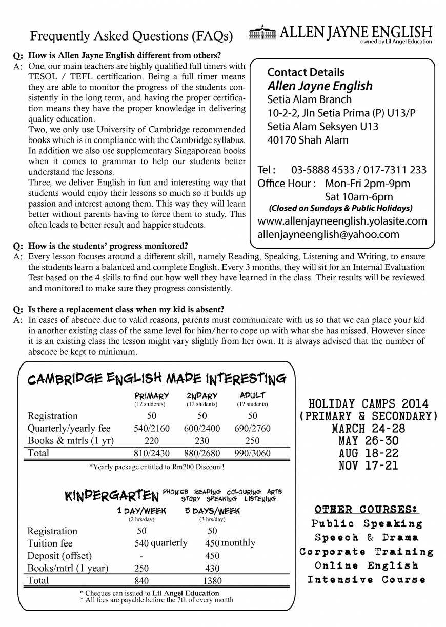  Pricelists of Allen Jayne English 10-2-2 Jalan Setia Prima (P) U13/P, Setia Alam Seksyen U13 - Photo 1 of 1