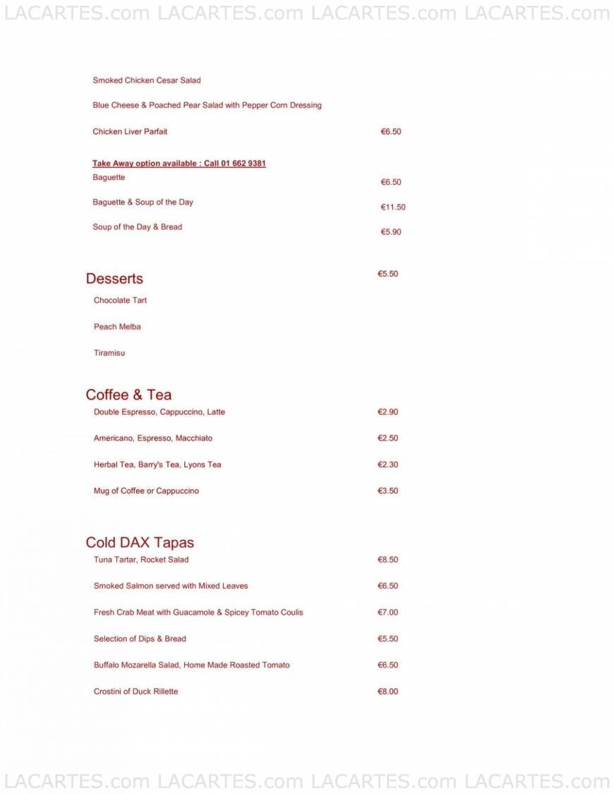  Pricelists of Dax Cafe Bar 23 Pembroke Street Upper  - Photo 1 of 5