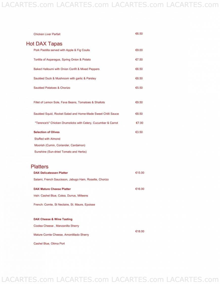  Pricelists of Dax Cafe Bar 23 Pembroke Street Upper  - Photo 2 of 5