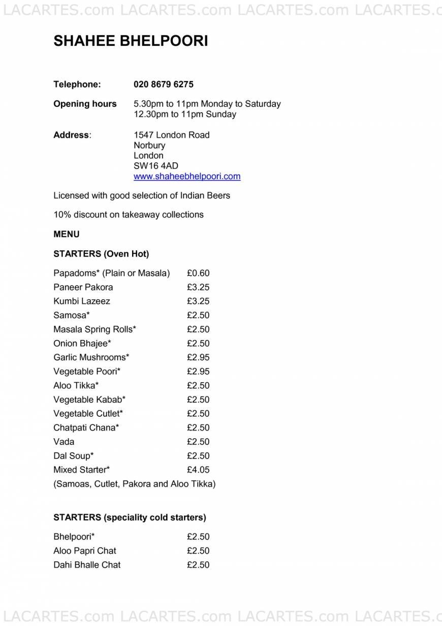  Pricelists of Shahee Bhelpoori 1547 London Road - Photo 1 of 4