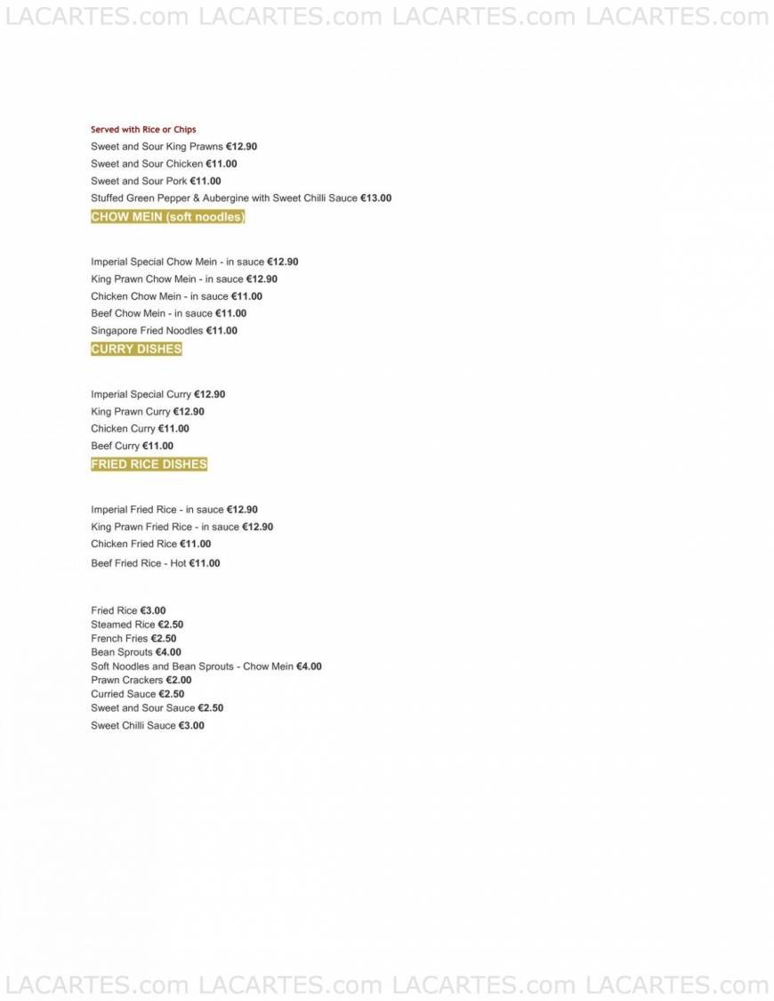  Pricelists of Imperial Chinese Restaurant 12a Wicklow Street  - Photo 4 of 4