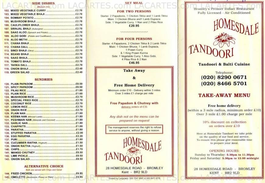  Pricelists of Homesdale Tandoori Indian Restaurant 28 Homesdale Road - Photo 2 of 2