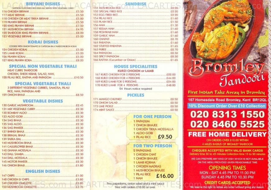  Pricelists of Bromley Tandoori Indian Takeaway 167 Homesdale Road - Photo 2 of 3