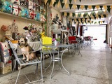 Fabrics and gifts on display in the yard., Coffee, Cake and Curtains. Gift and Soft Furnishing destination., Wedmore