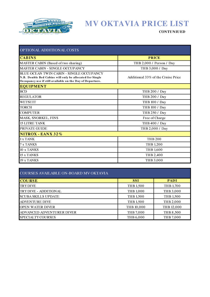  Pricelists of Oktavia Dive Center Co., Ltd 5/21 Moo. 7, Khuk Khak - Photo 1 of 2