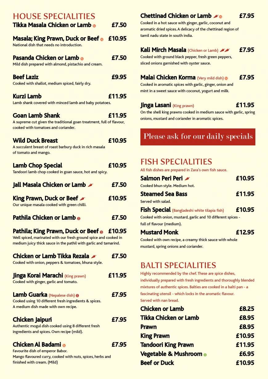  Pricelists of Zara Indian Cuisine at Royal Oak Royal Oak, Chelmsford Road - Photo 2 of 12