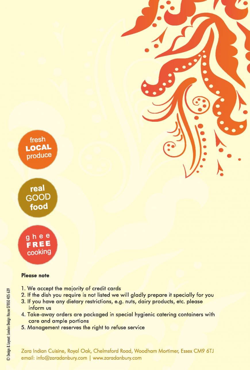  Pricelists of Zara Indian Cuisine at Royal Oak Royal Oak, Chelmsford Road - Photo 9 of 12