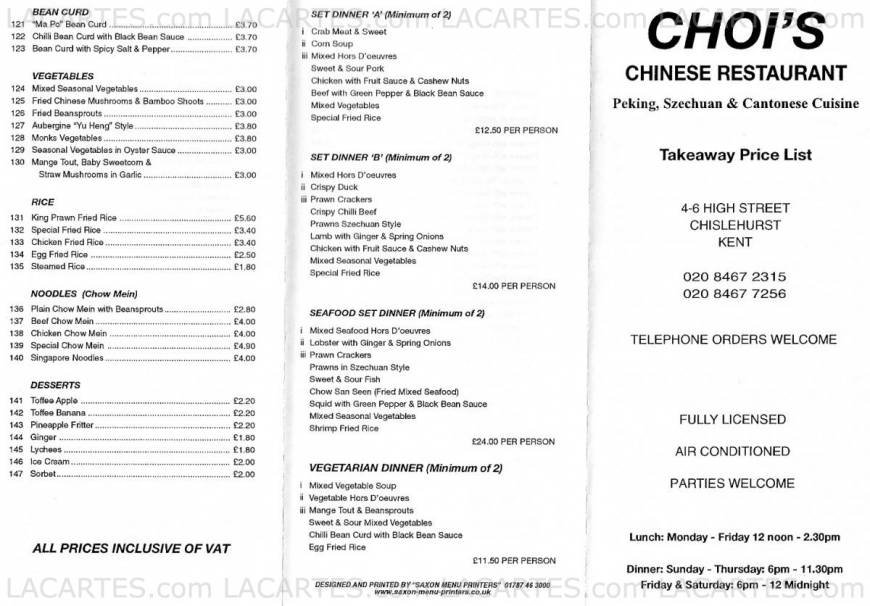  Pricelists of Choi's Restaurant 4 - 6 High Street - Photo 2 of 2