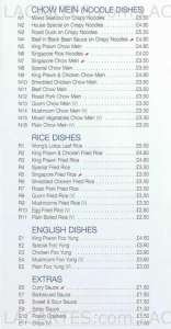 Menus & Prices, Wong's Oriental restaurant, Collier Row