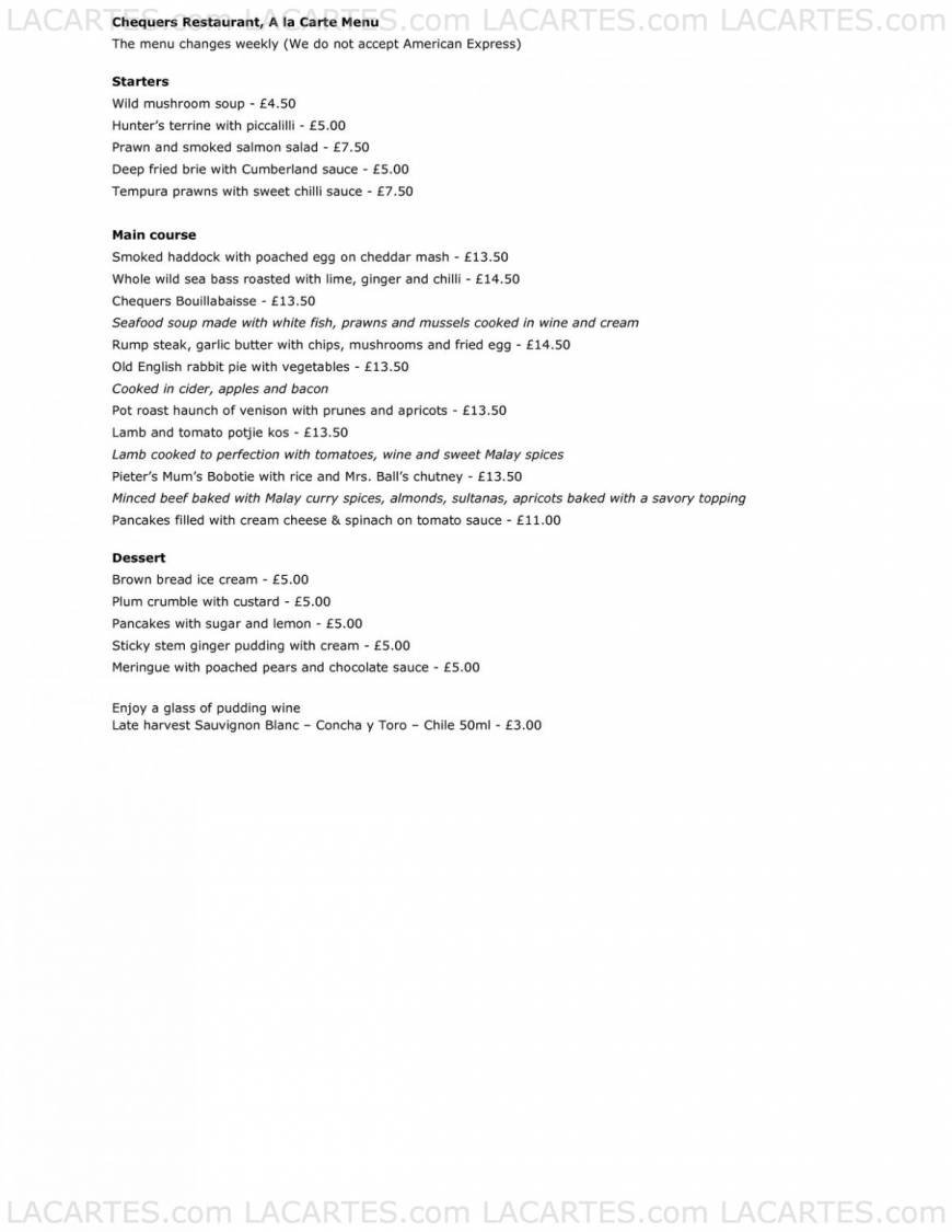  Pricelists of Chequers Bar Restaurant The Chequers, Golf Road - Photo 1 of 6
