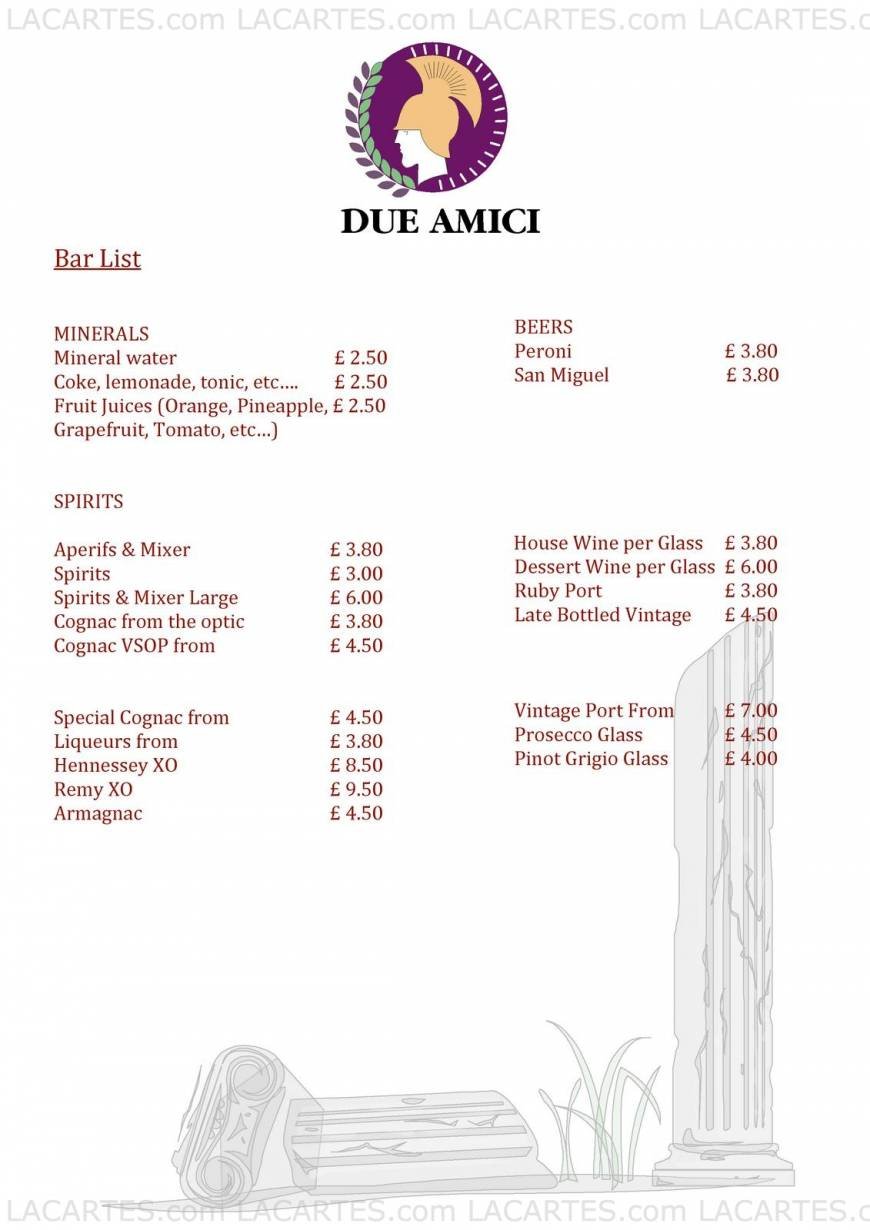  Pricelists of Due Amici Italian Restaurant 11 Royal Parade - Photo 1 of 17
