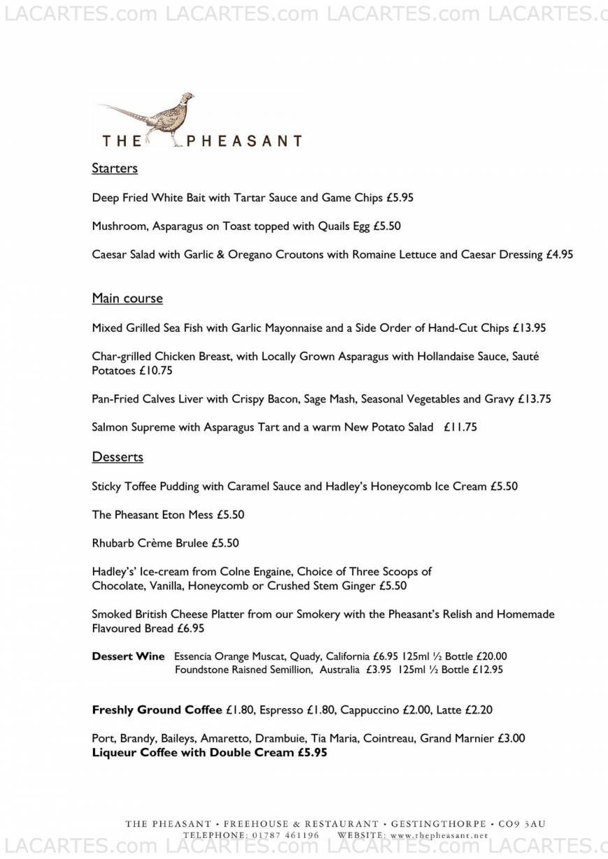  Pricelists of The Pheasant at Gestingthorpe Free House & Restaurant - Photo 1 of 3