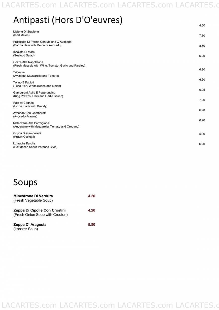  Pricelists of La Veranda Italian Restaurant 18 - 19 Beynon Road - Photo 1 of 5