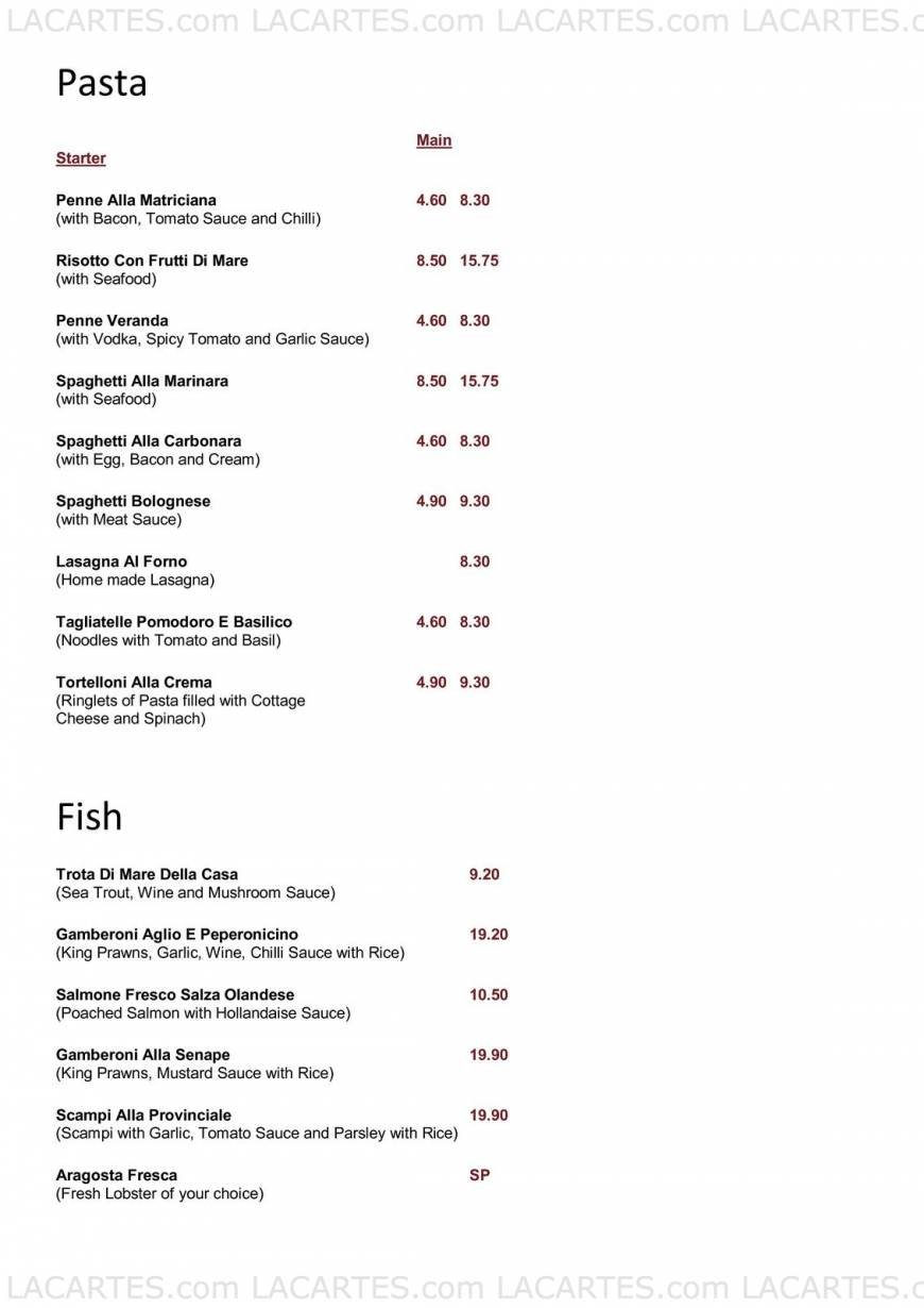  Pricelists of La Veranda Italian Restaurant 18 - 19 Beynon Road - Photo 2 of 5
