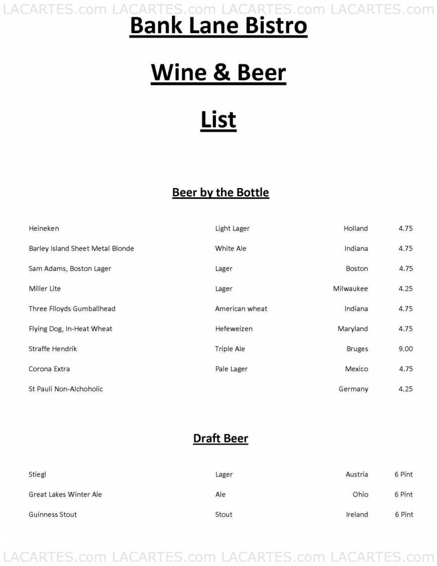  Pricelists of Bank Lane Bistro 670 Bank Lane - Photo 1 of 19