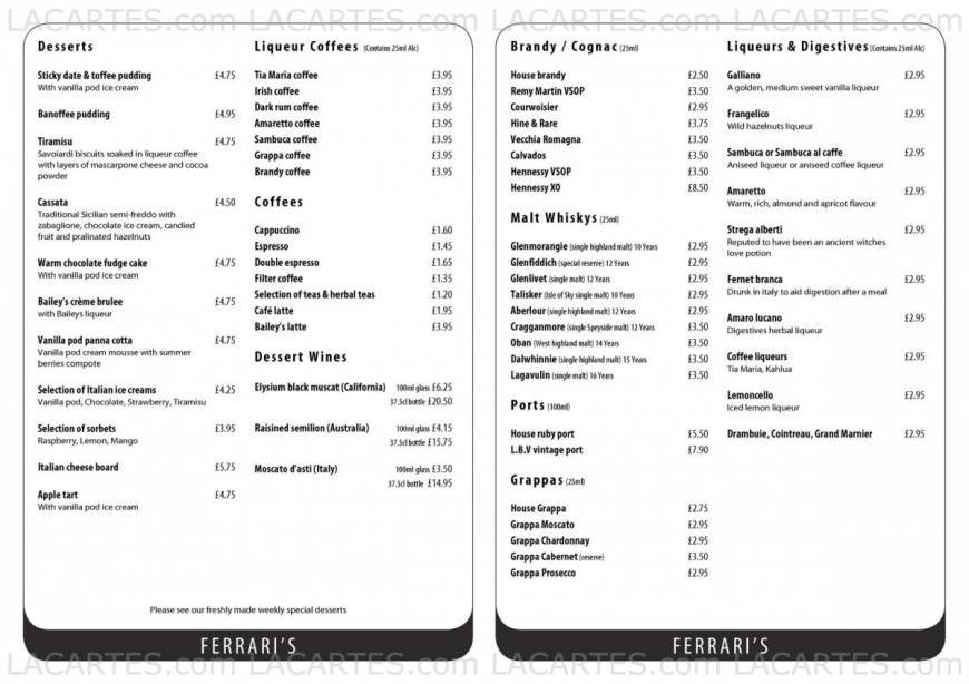  Pricelists of Ferrari's Italian Restaurant in Bexley 2 Bexley High Street    - Photo 4 of 8