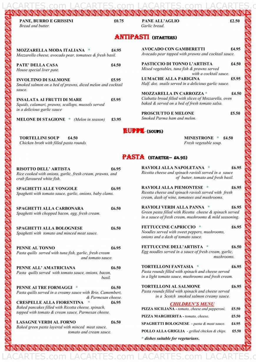  Pricelists of L'Artista Restaurant 9 Central Parade, Station Road - Photo 1 of 5